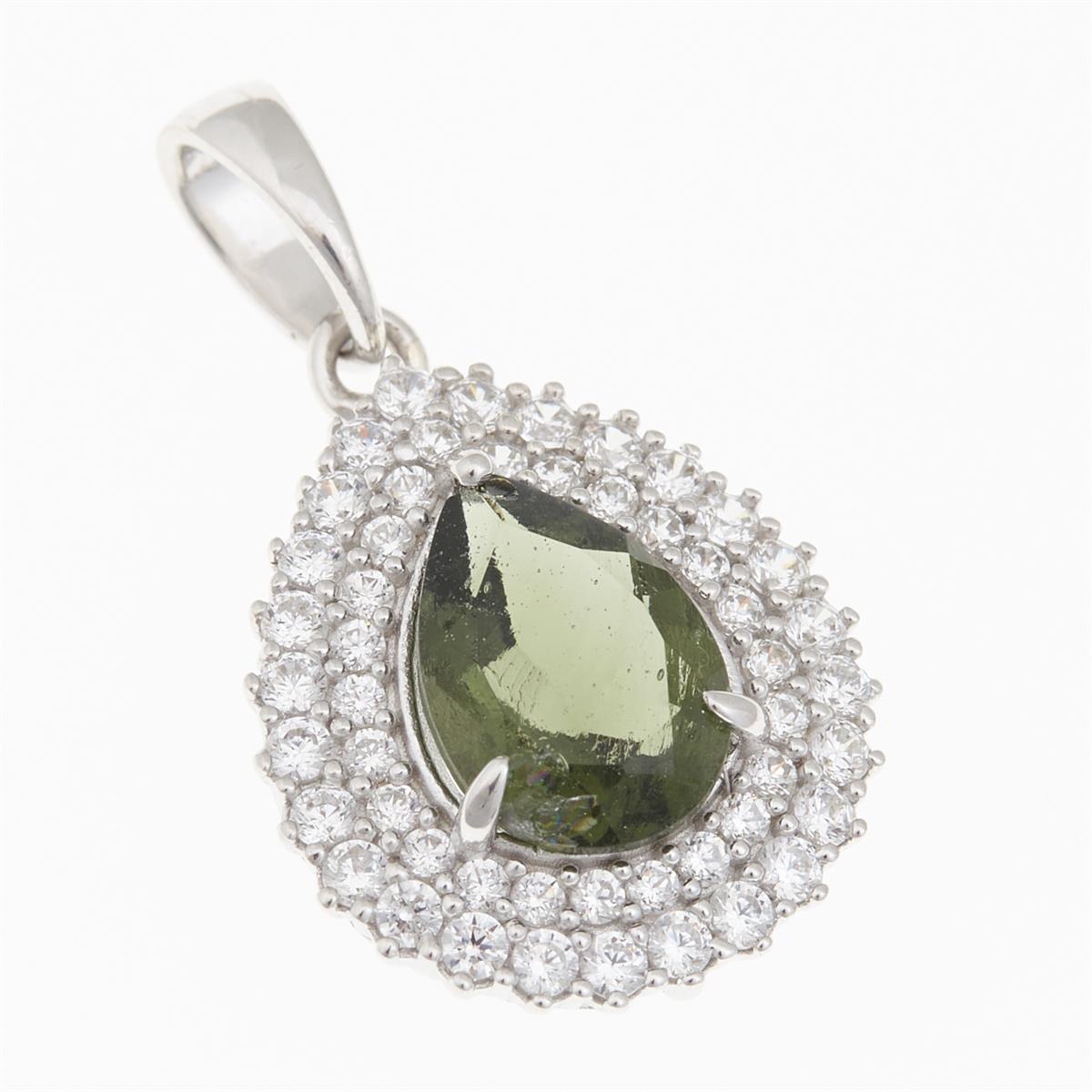 Silver pendant with moldavite and cubic zirconia P06
