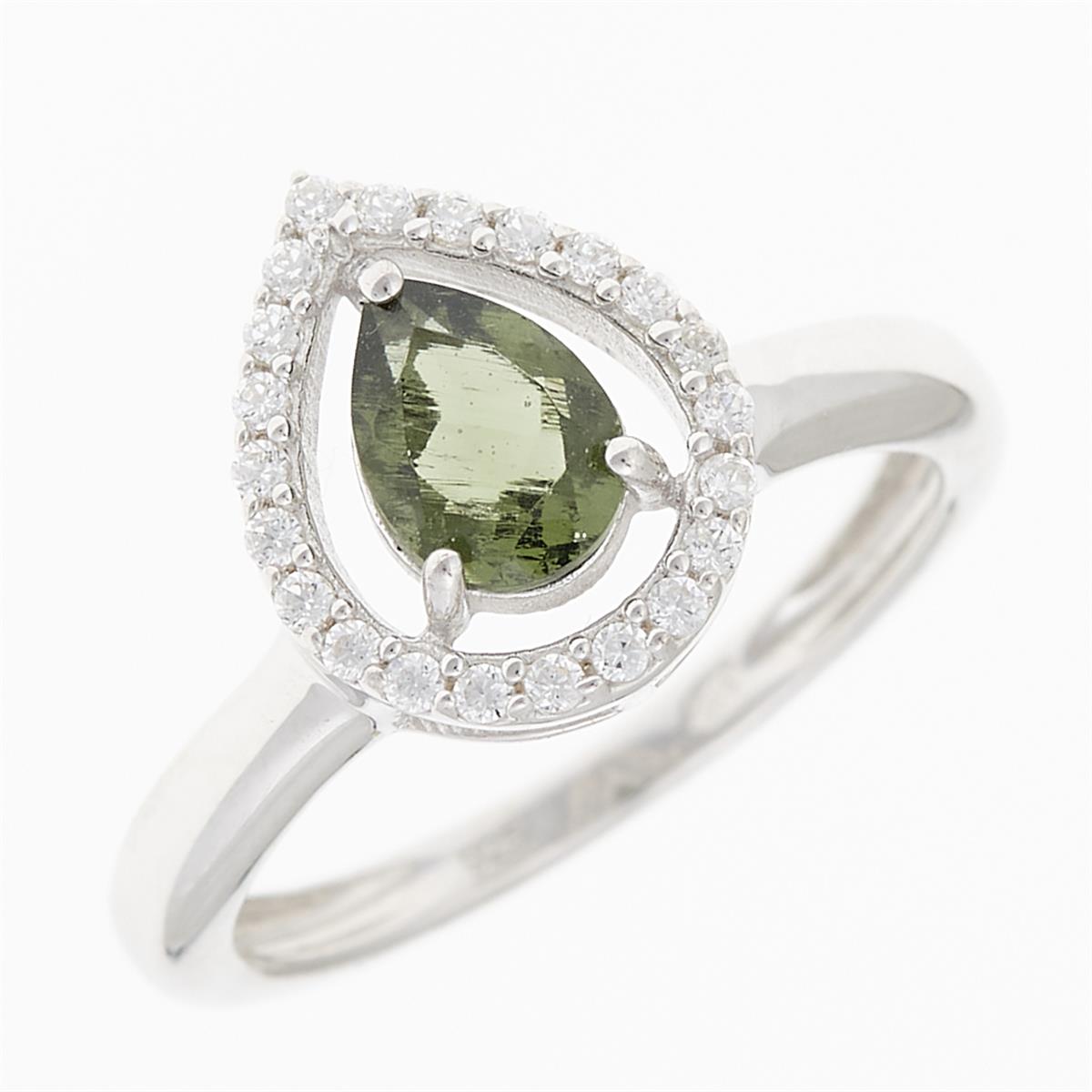 Anello in argento rodiato con moldavite grezza a goccia verde oliva e contorno di zirconi bianchi
