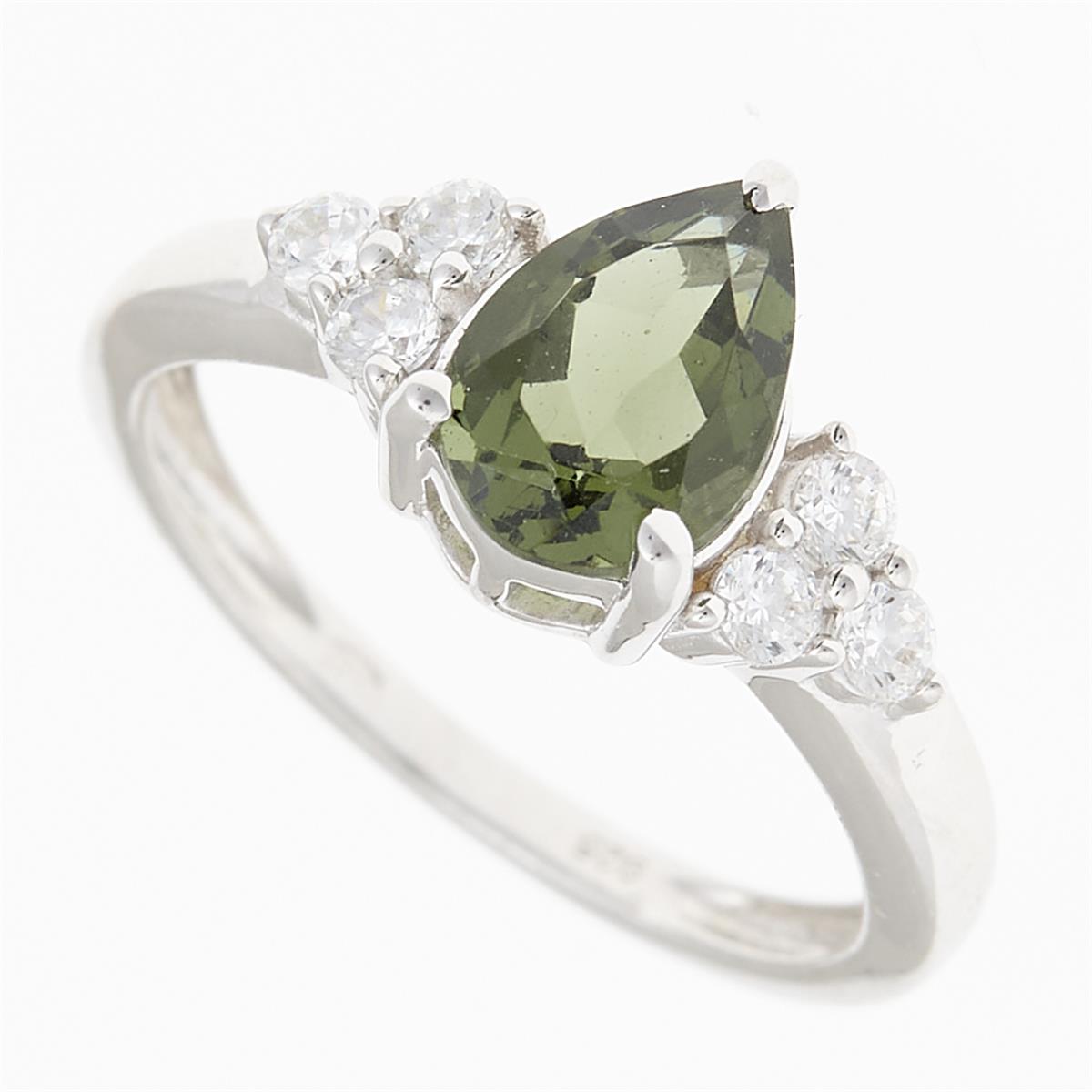 Anello in argento rodiato con moldavite verde a goccia sfaccettata e sei zirconi laterali