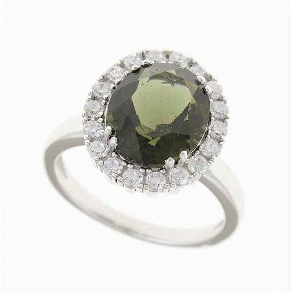 Anello in argento con moldavite e 25 zirconi