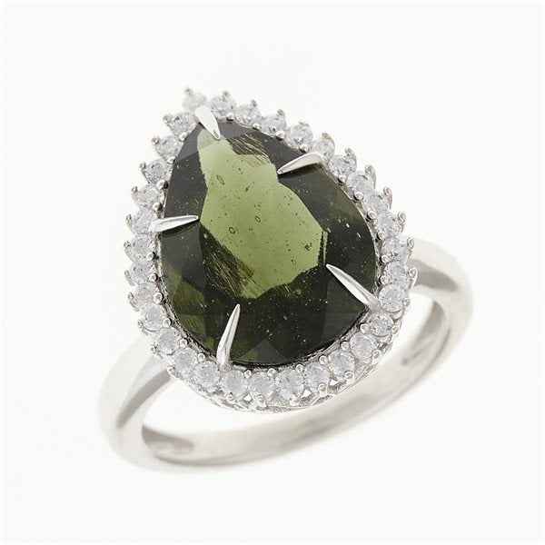 Anello Argento con moldavite e 5 zirconi