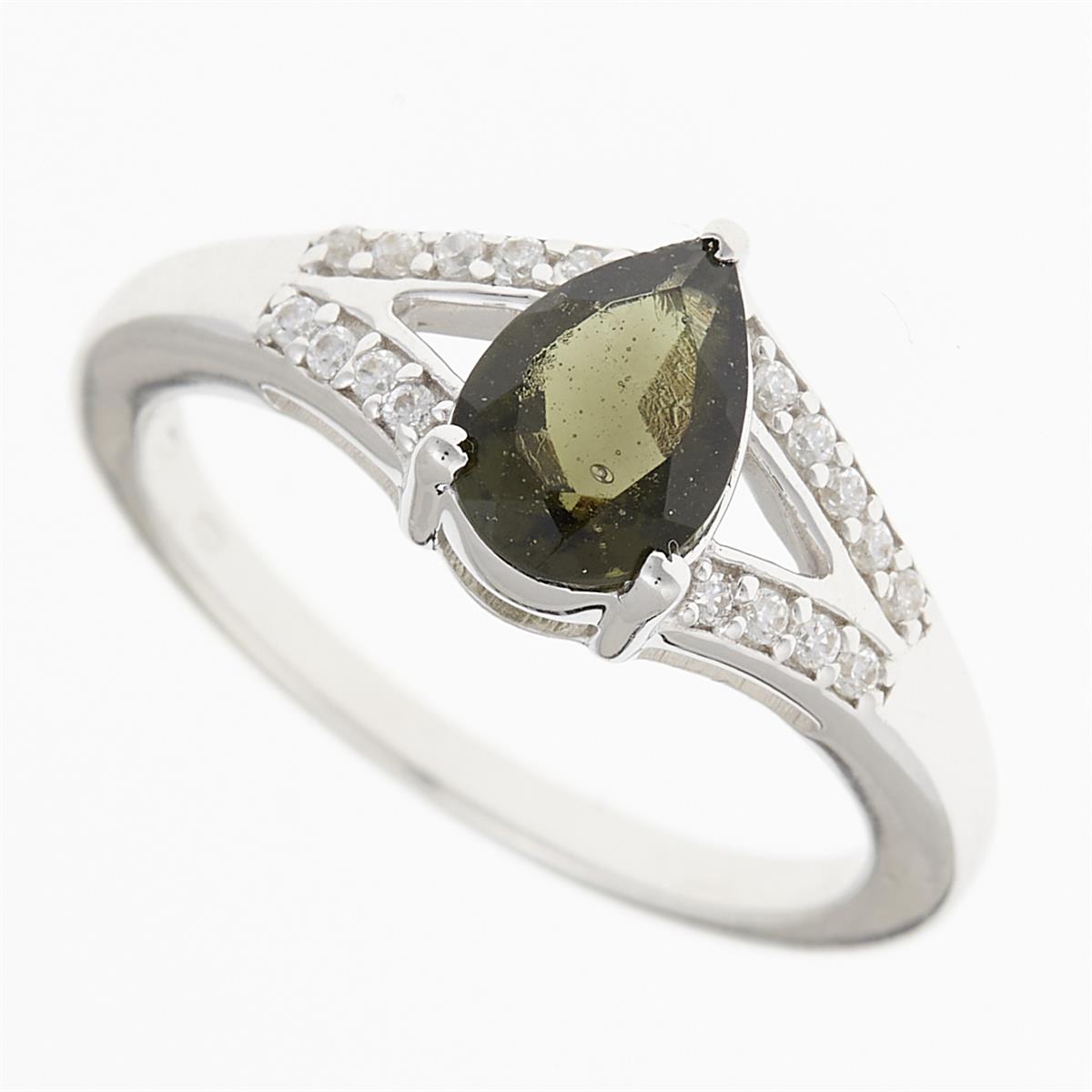 Anello in argento rodiato con moldavite a goccia verde oliva e due file di zirconi sul gambo