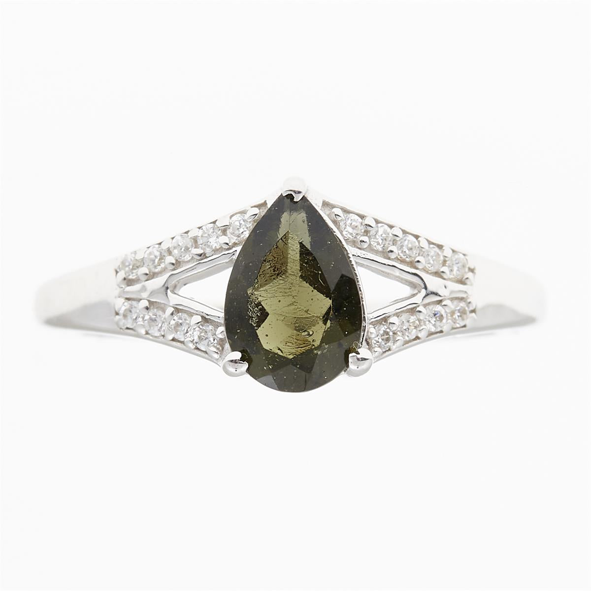 Silver ring mit moldavite and zircons R8