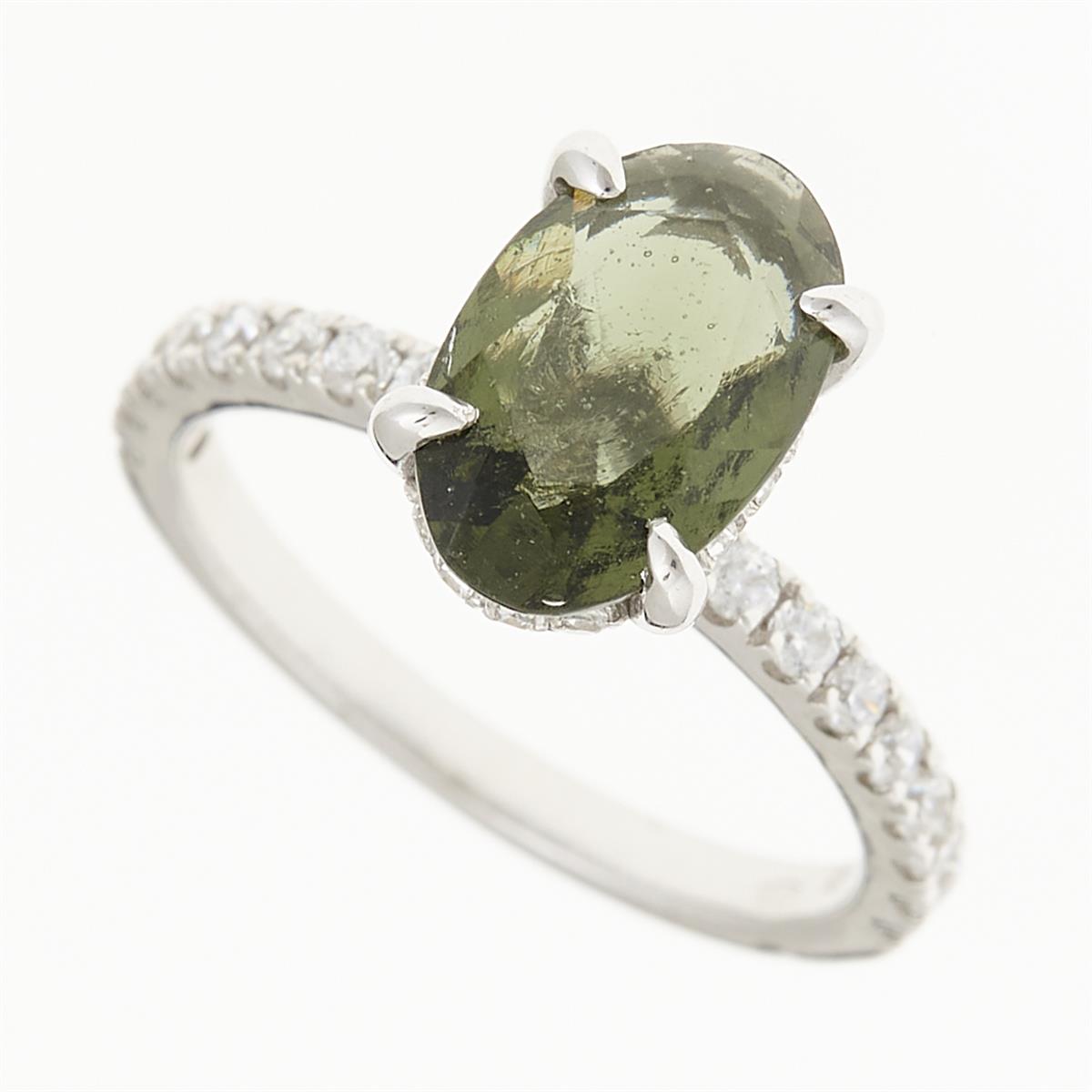 Silver ring with moldavite and zirconia 982