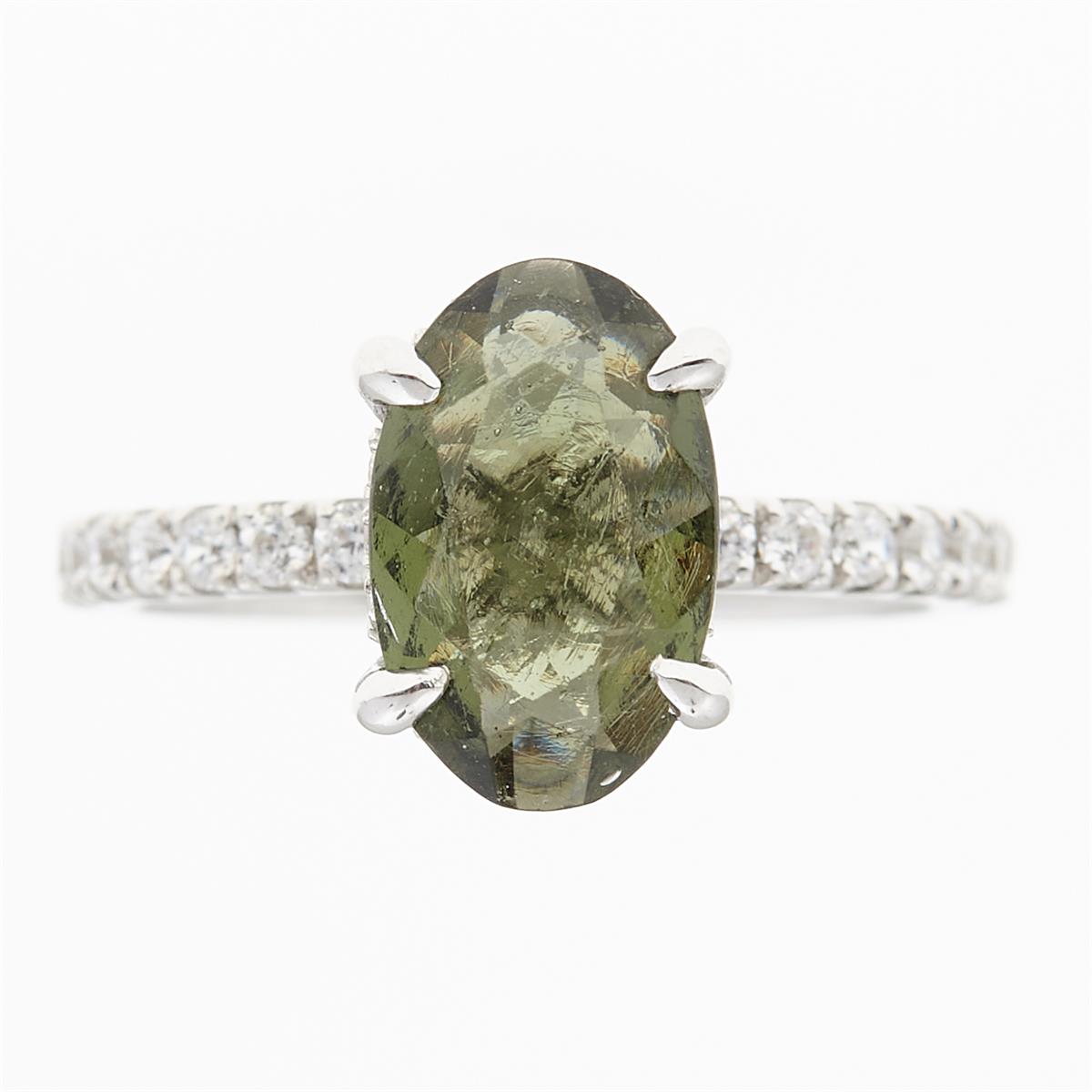 Silver ring with moldavite and zirconia 982