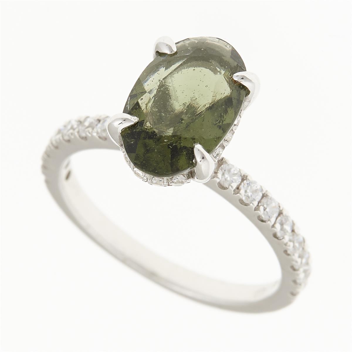 Silver ring with moldavite and zirconia 982