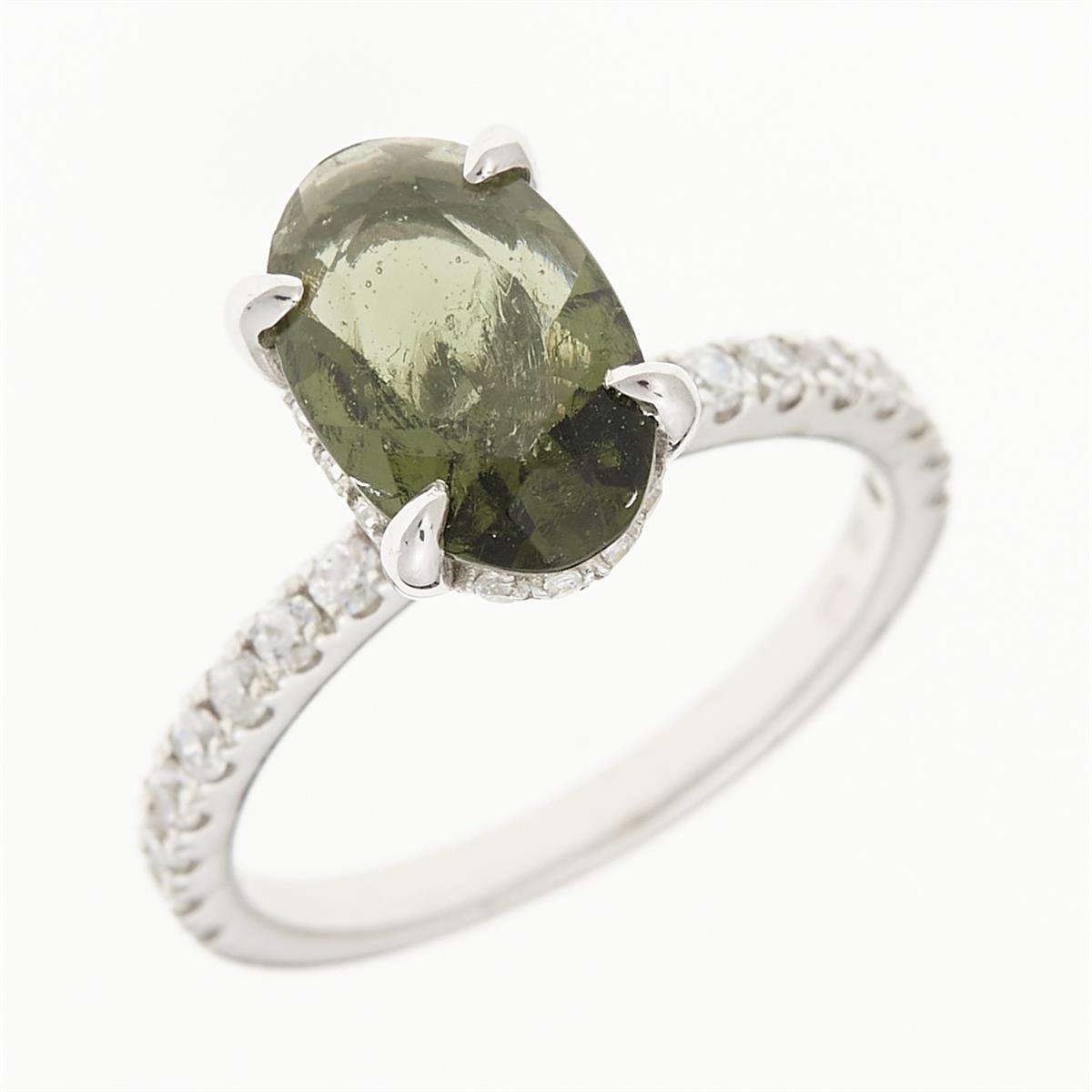 Silver ring with moldavite and zirconia 982