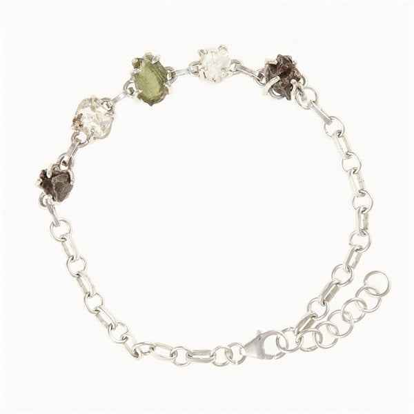 Silver bracelet with moldavite, meteorite, crystal 246