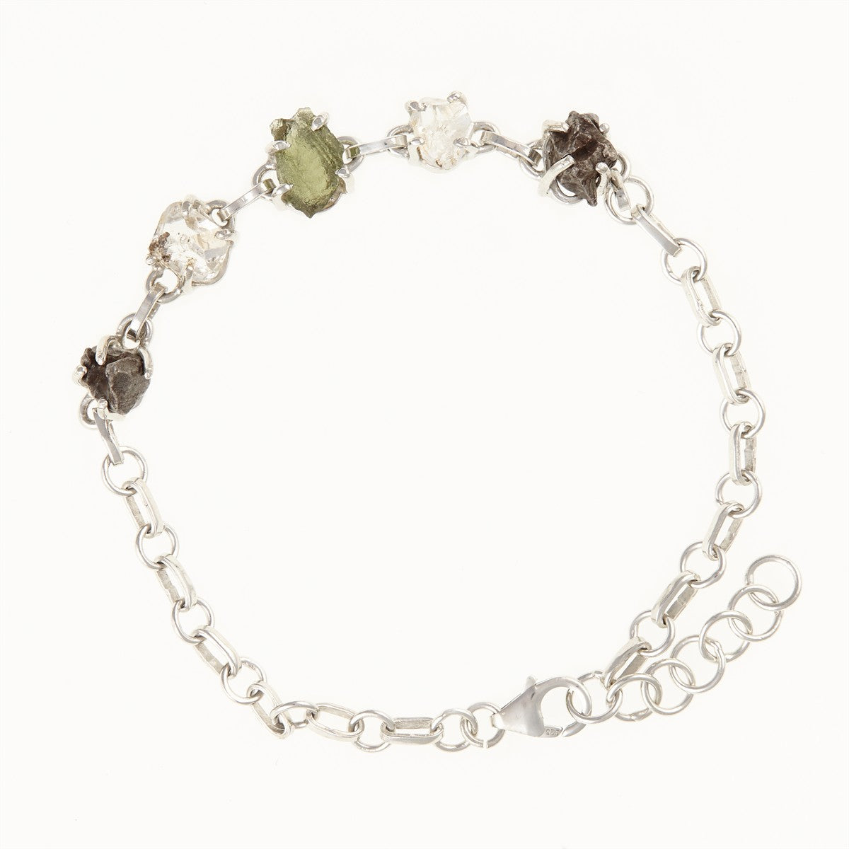 Silver bracelet with moldavite, meteorite, crystal 246
