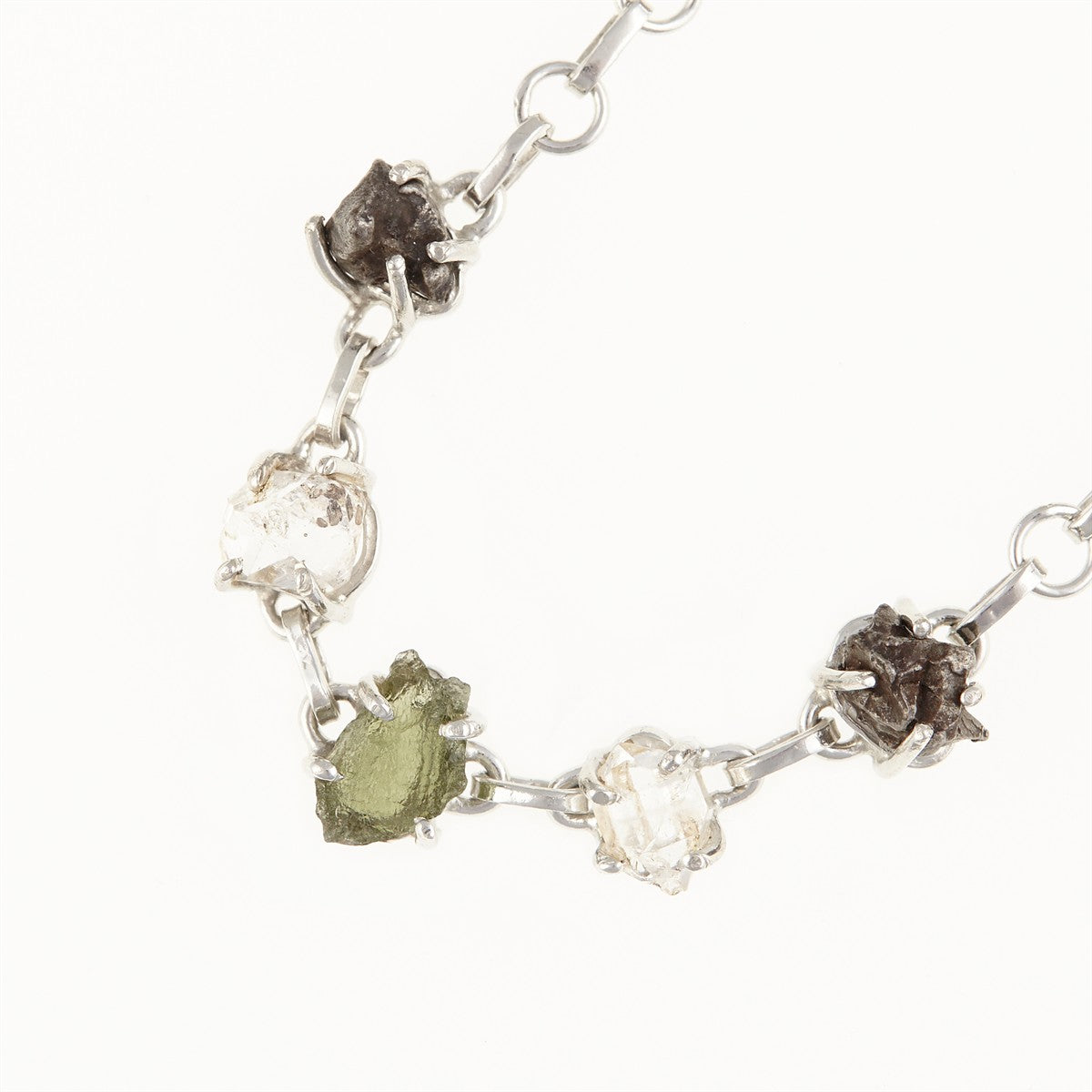 Silver bracelet with moldavite, meteorite, crystal 246