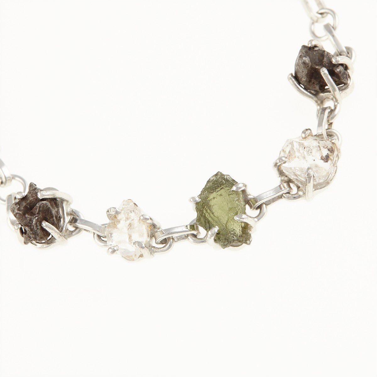 Silver bracelet with moldavite, meteorite, crystal 246
