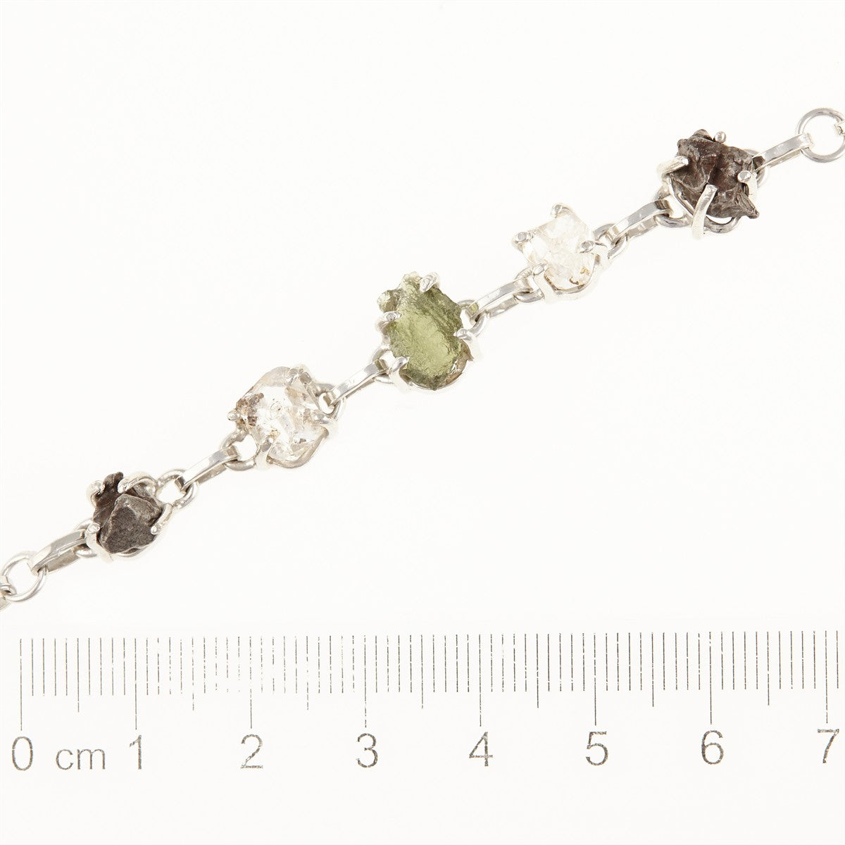 Silver bracelet with moldavite, meteorite, crystal 246