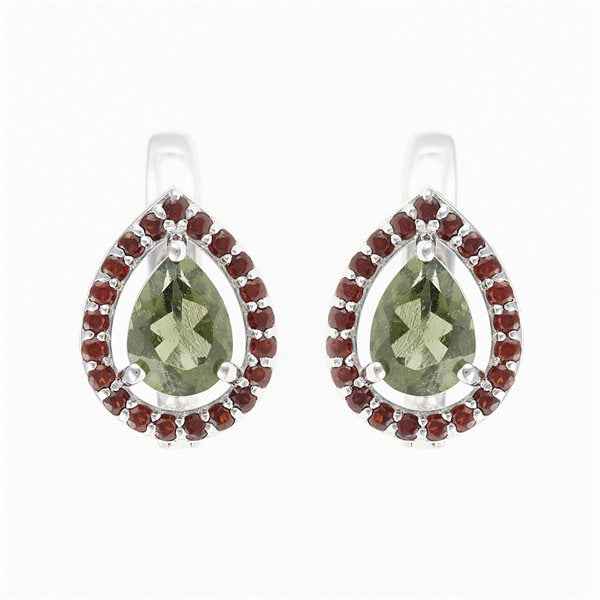 Orecchini in argento con moldavite e granati 048G-1