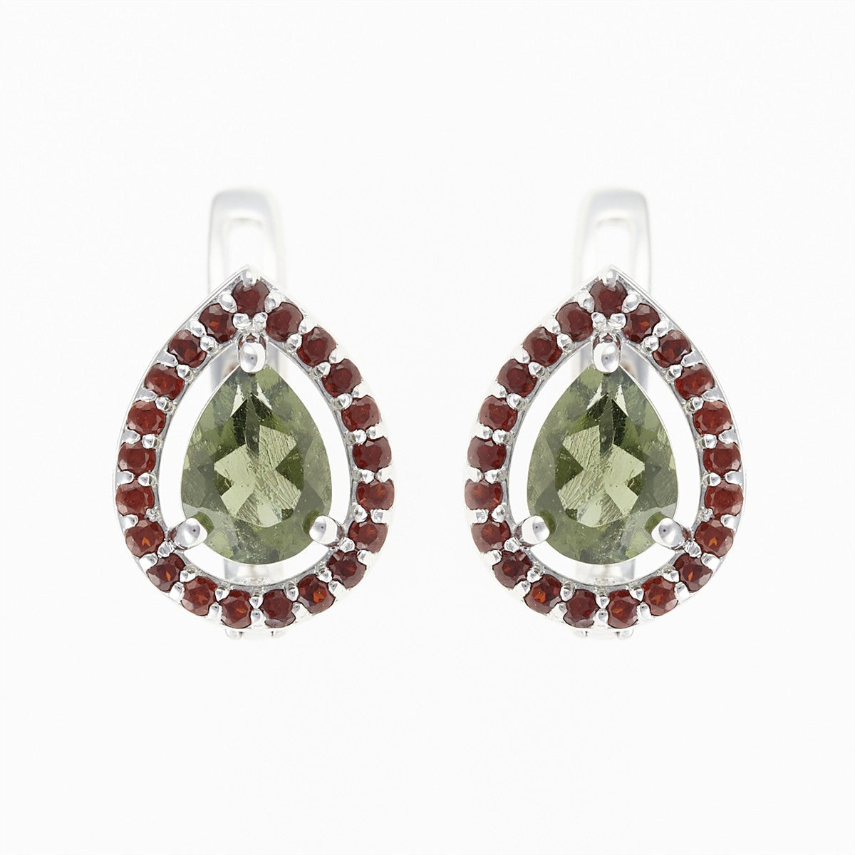 Silver earrings with moldavite and garnets 048G-1