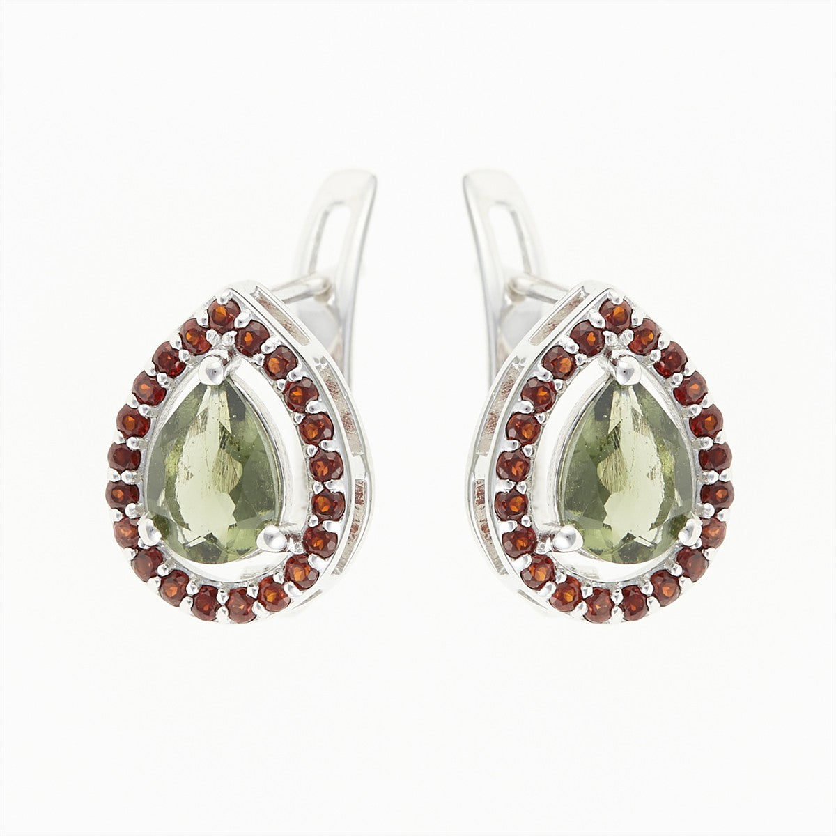 Silver earrings with moldavite and garnets 048G-1