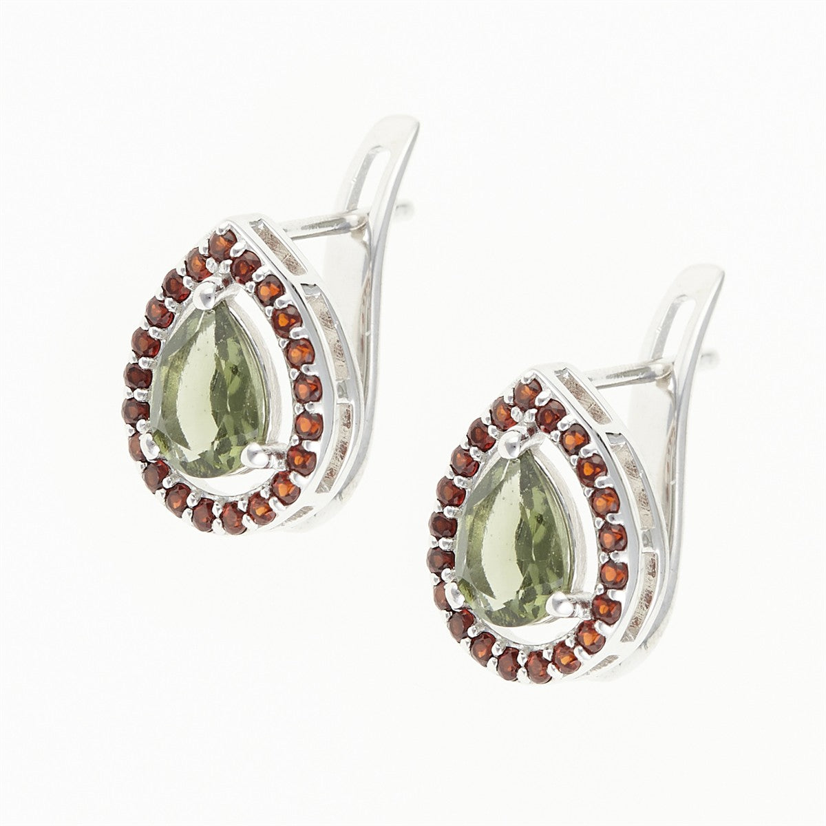 Silver earrings with moldavite and garnets 048G-1