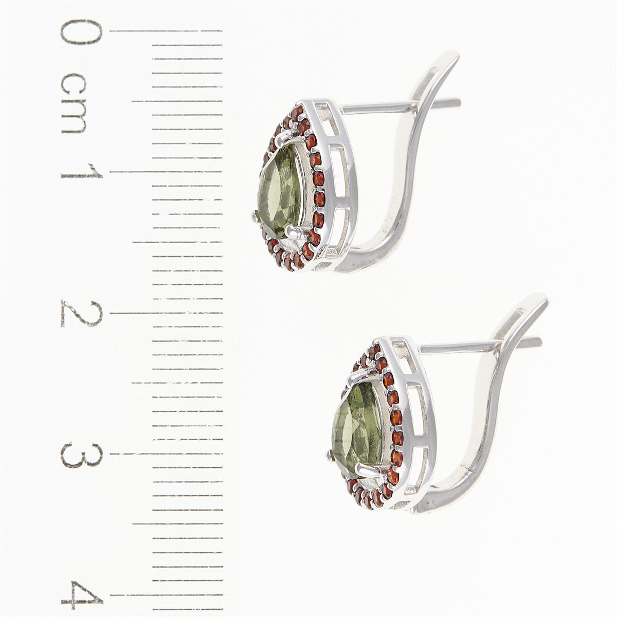 Silver earrings with moldavite and garnets 048G-1