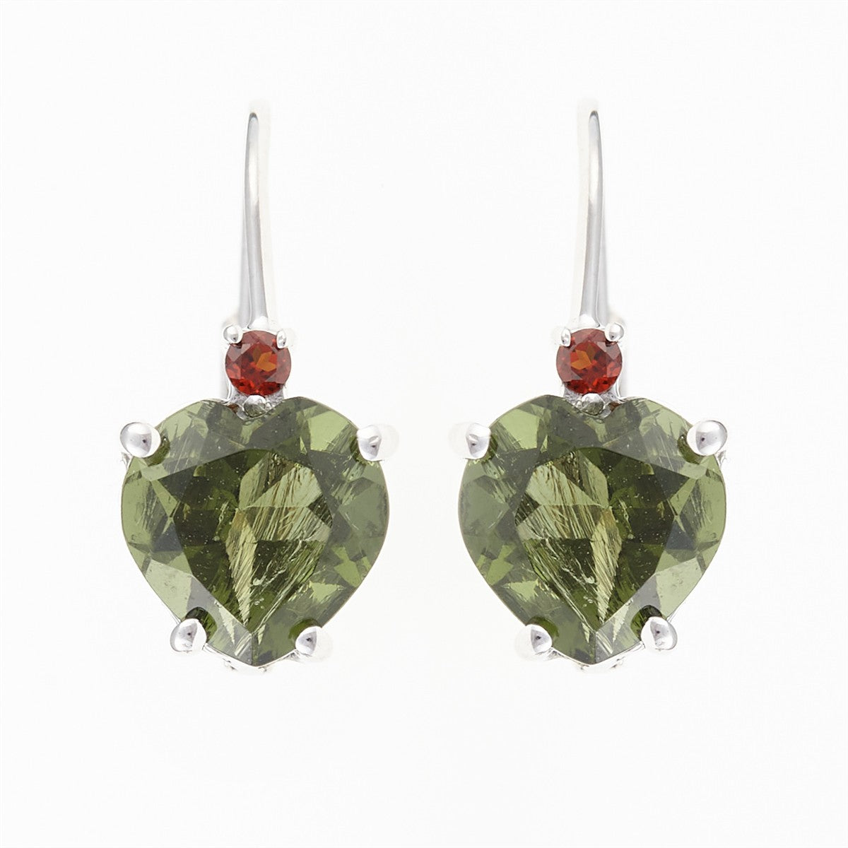 Silver earrings with moldavite and garnets - heart 110G-4