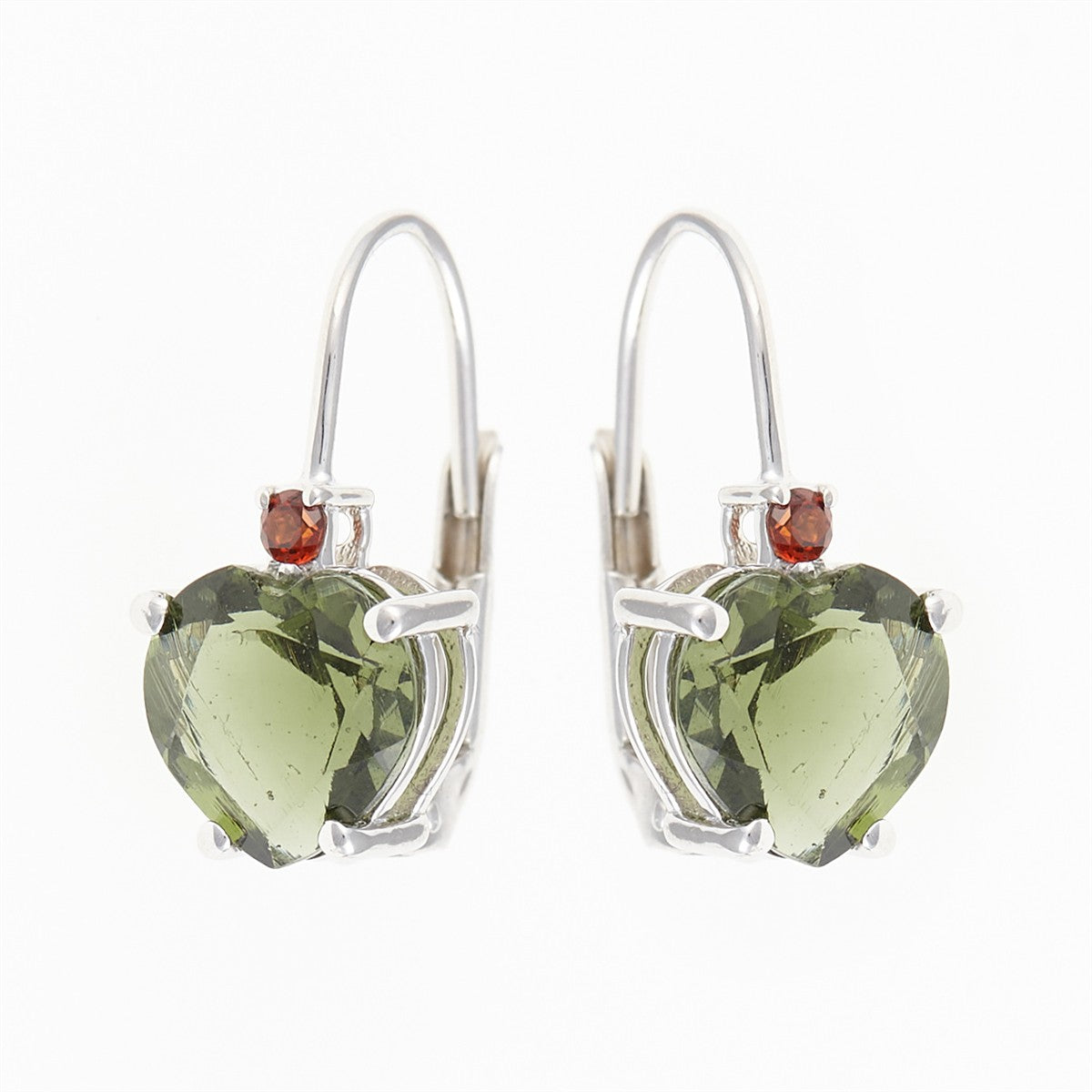 Silver earrings with moldavite and garnets - heart 110G-4