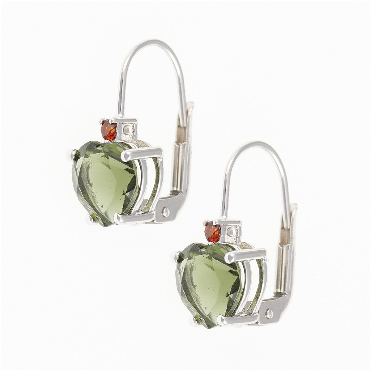 Silver earrings with moldavite and garnets - heart 110G-4