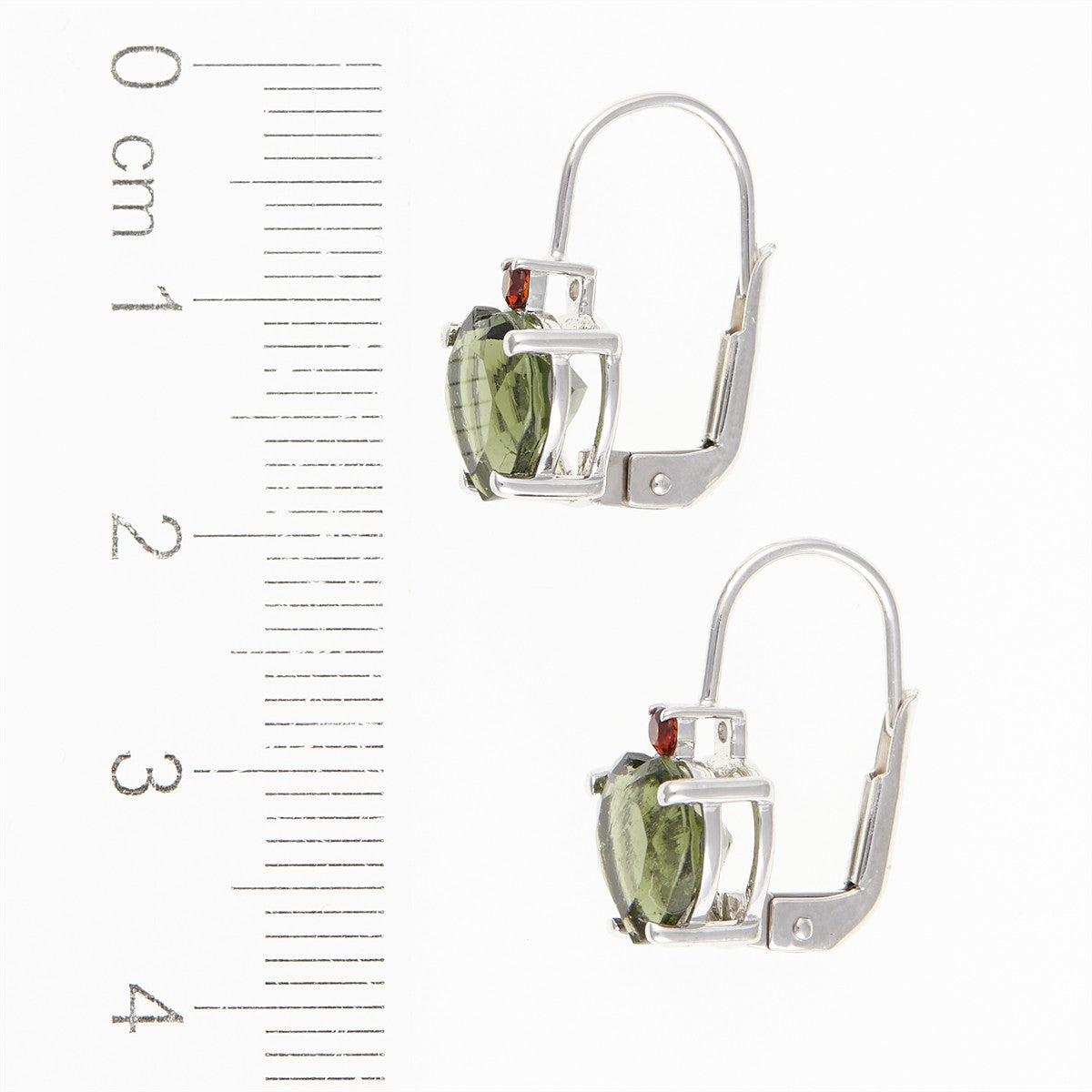 Silver earrings with moldavite and garnets - heart 110G-4