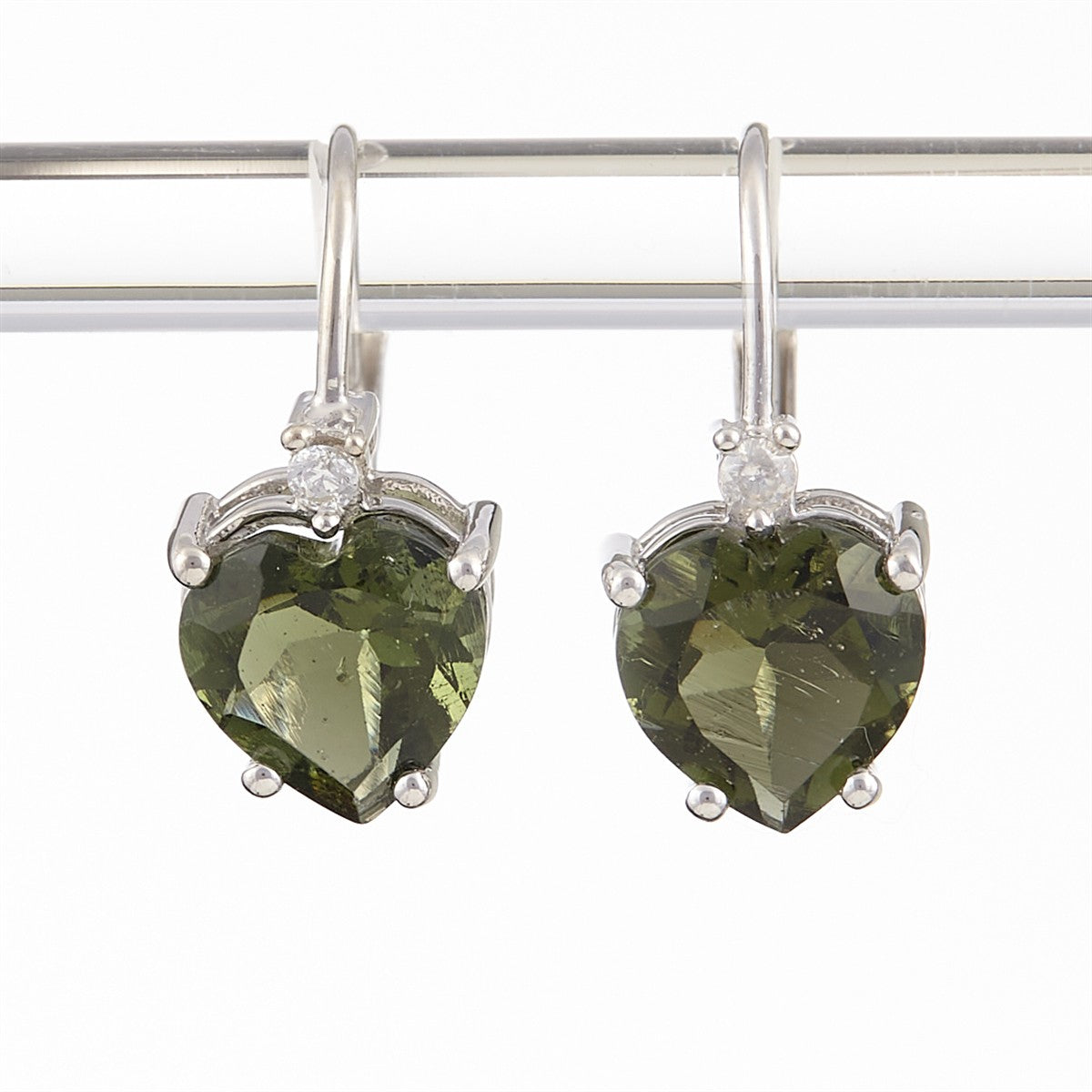 Silver earrings with moldavites and cubic zirconia - Heart 110Z-4