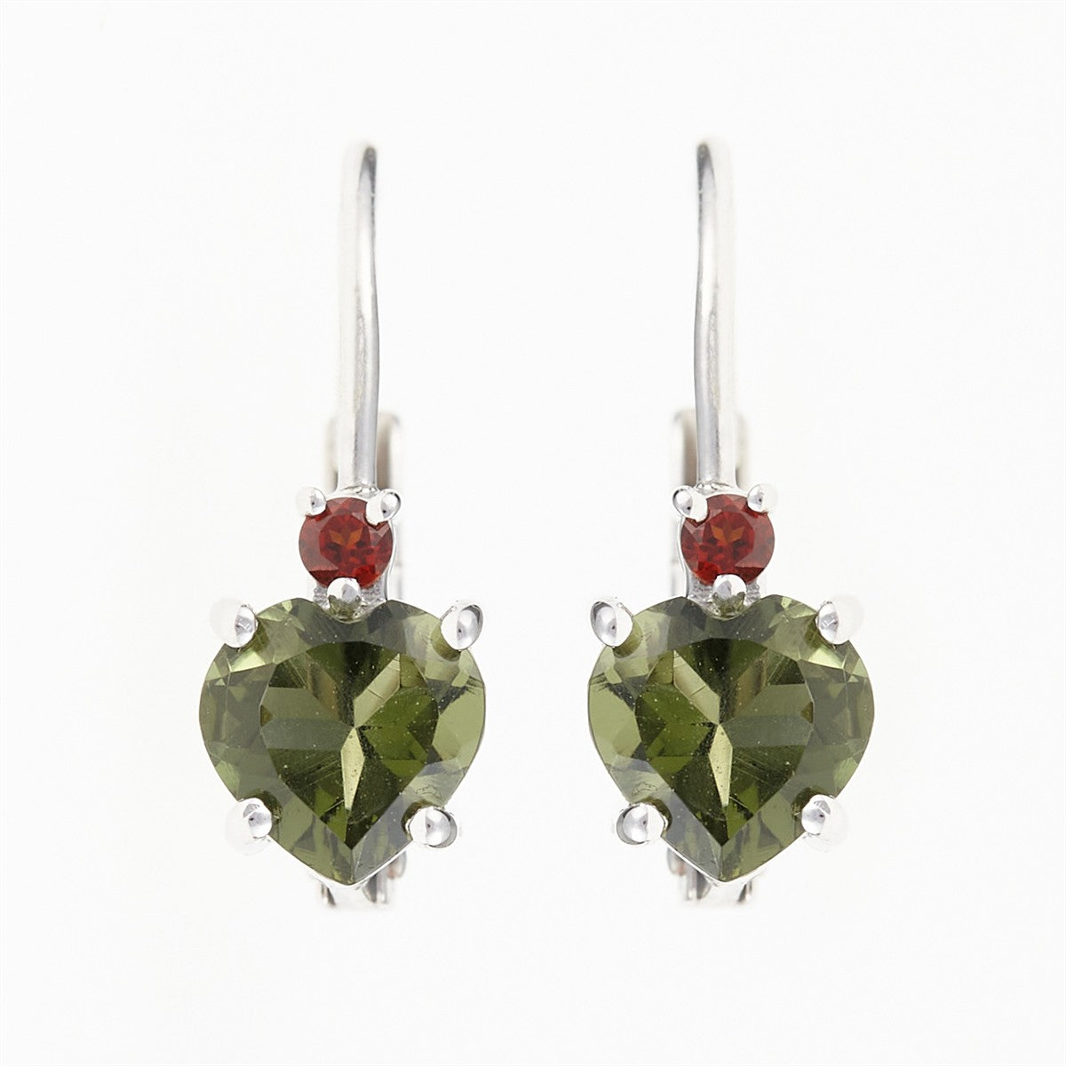 Silver earrings with moldavite and garnets - heart 150G-4