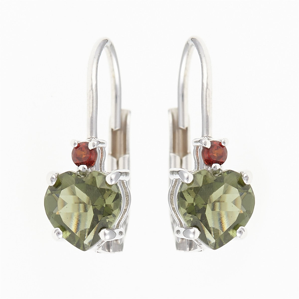 Silver earrings with moldavite and garnets - heart 150G-4