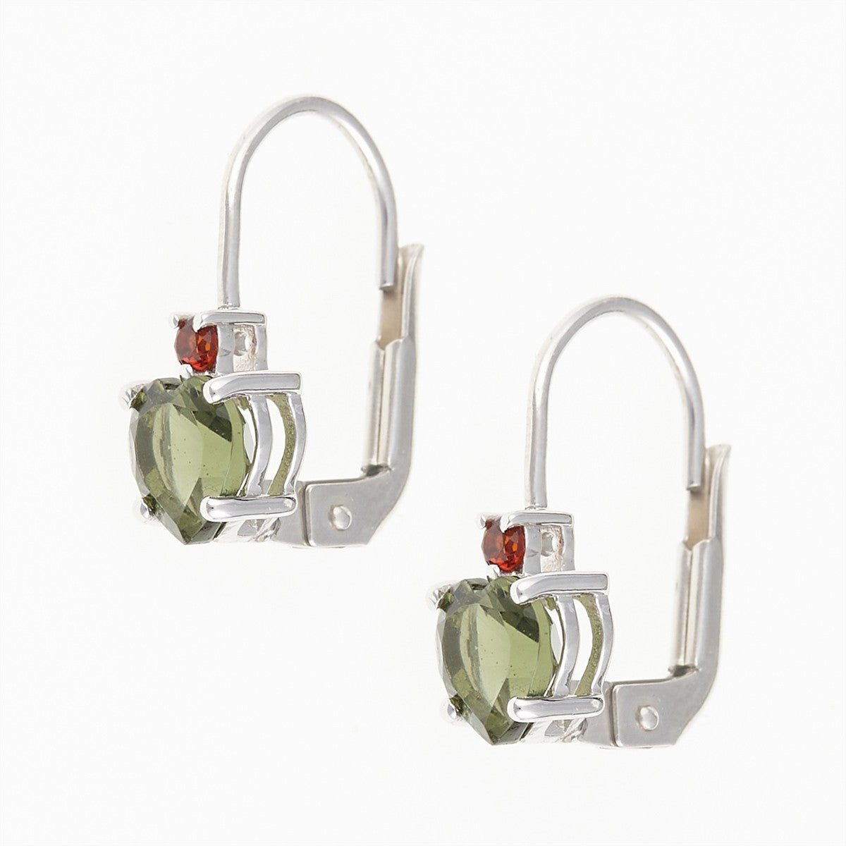 Silver earrings with moldavite and garnets - heart 150G-4