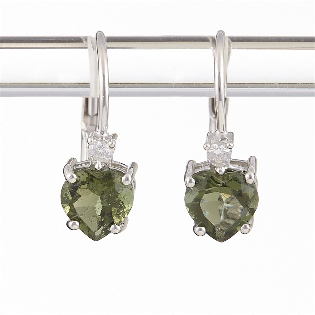 Silver earrings with moldavites and cubic zirconia - Heart 150Z-4