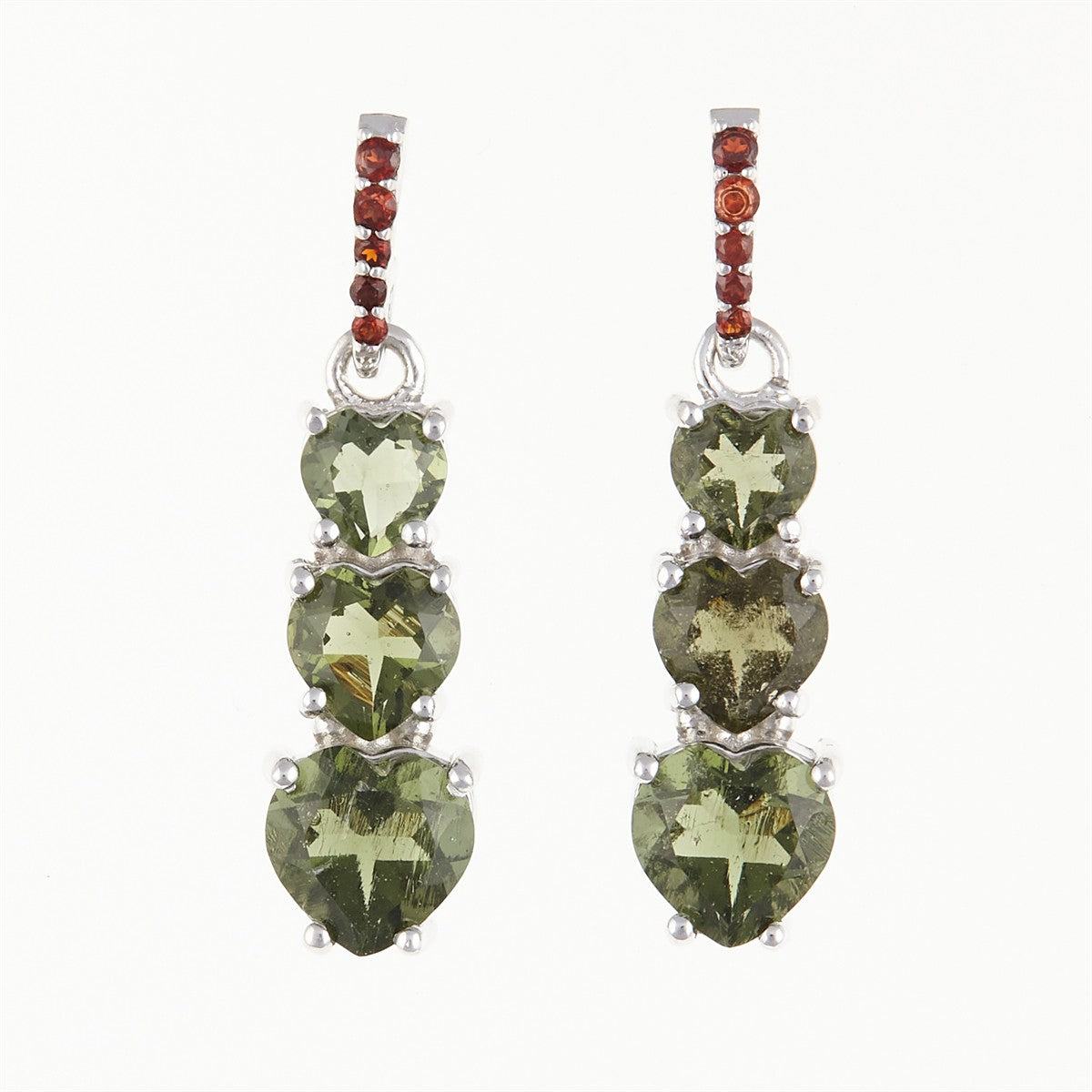 Silver earrings with moldavites and garnets - heart 228G-2