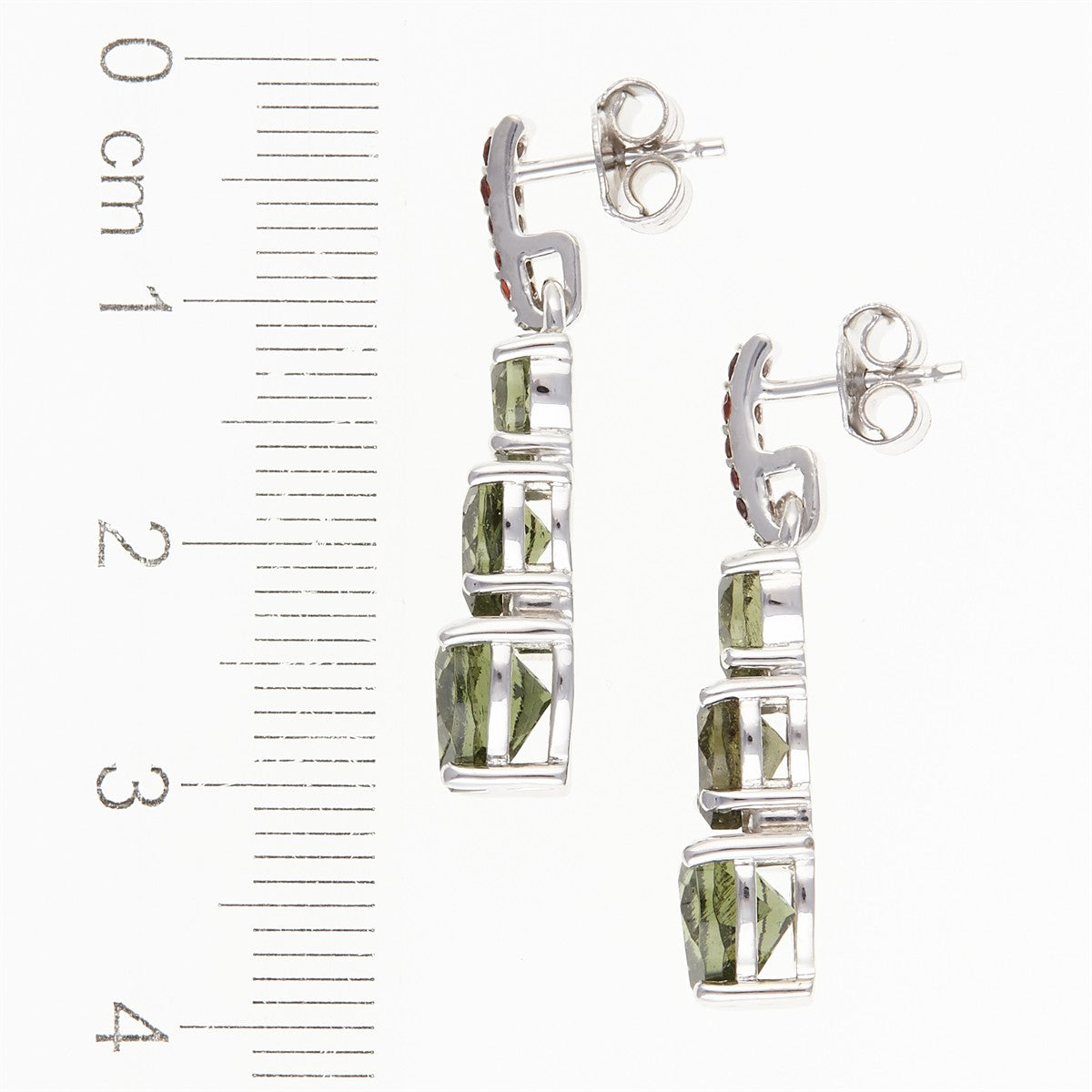 Silver earrings with moldavites and garnets - heart 228G-2