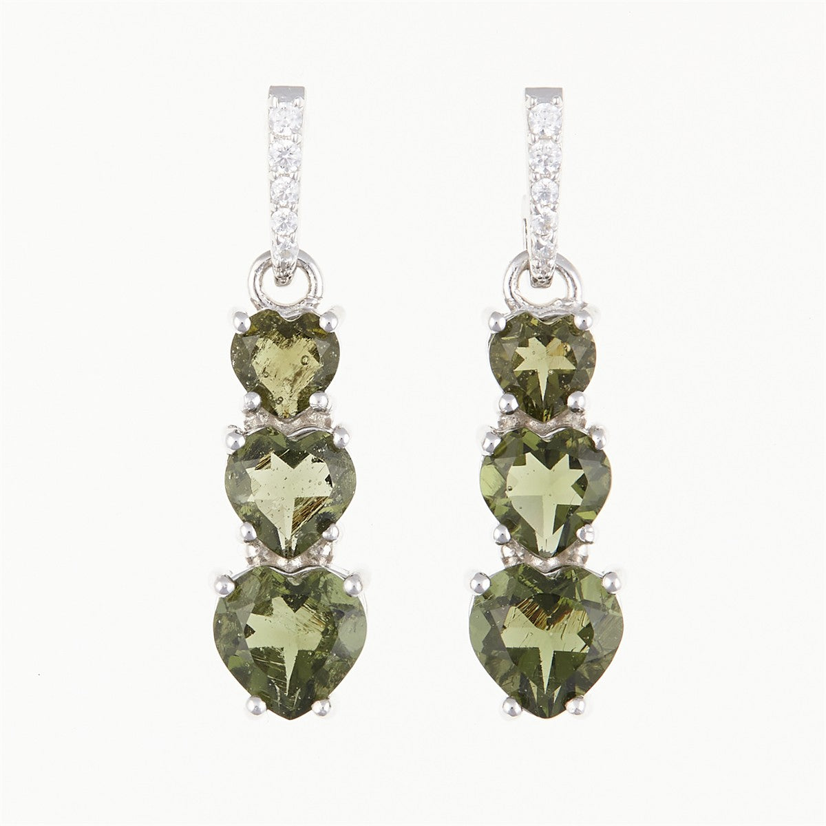 Silver earrings with moldavites and cubic zirconia - heart 228Z-2