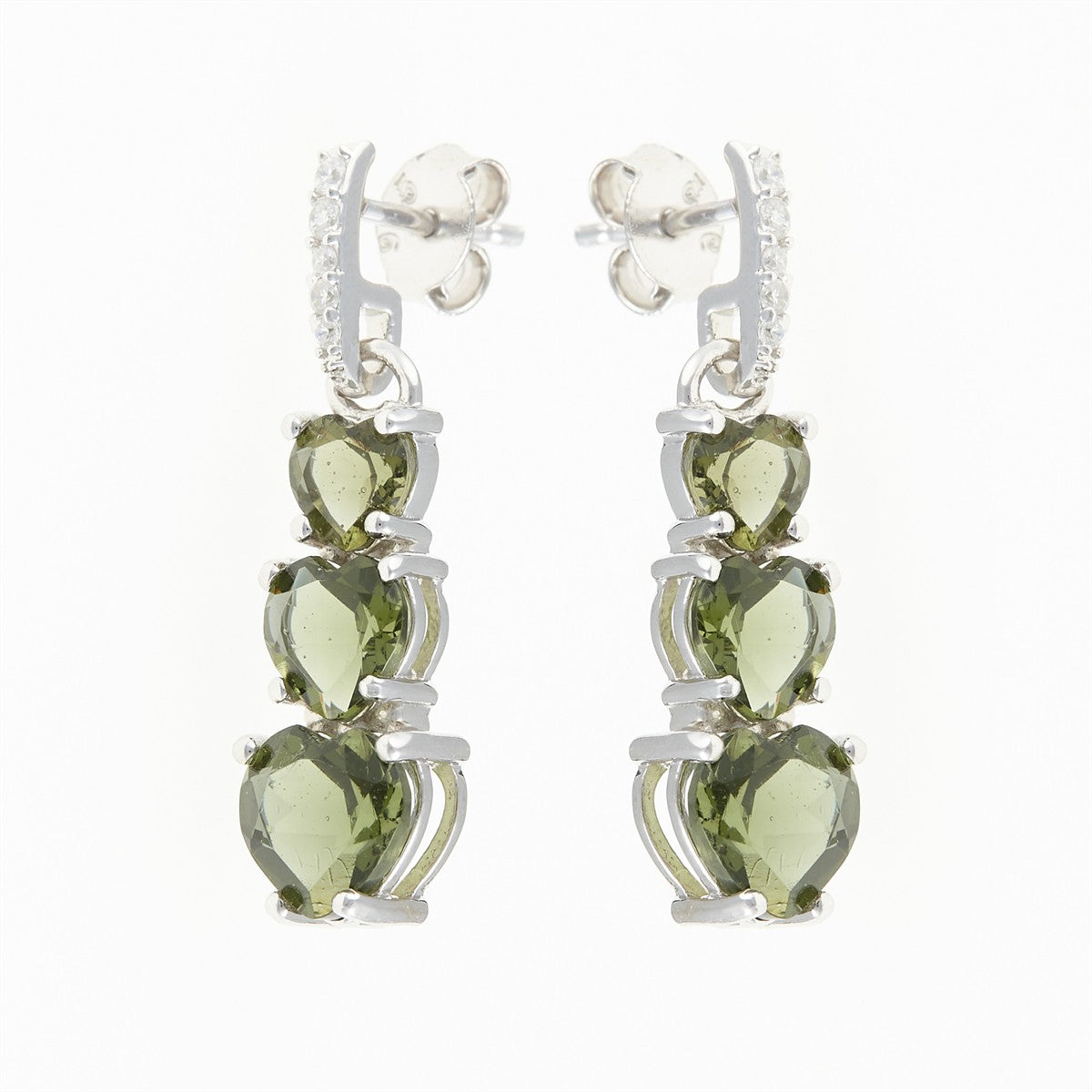 Silver earrings with moldavites and cubic zirconia - heart 228Z-2