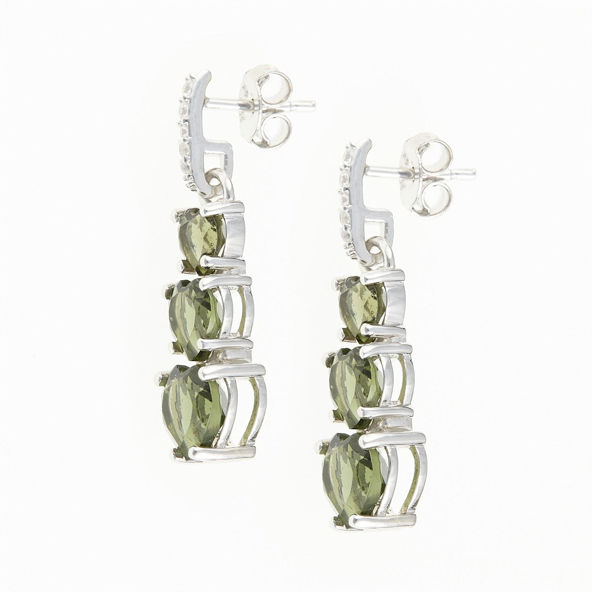 Silver earrings with moldavites and cubic zirconia - heart 228Z-2