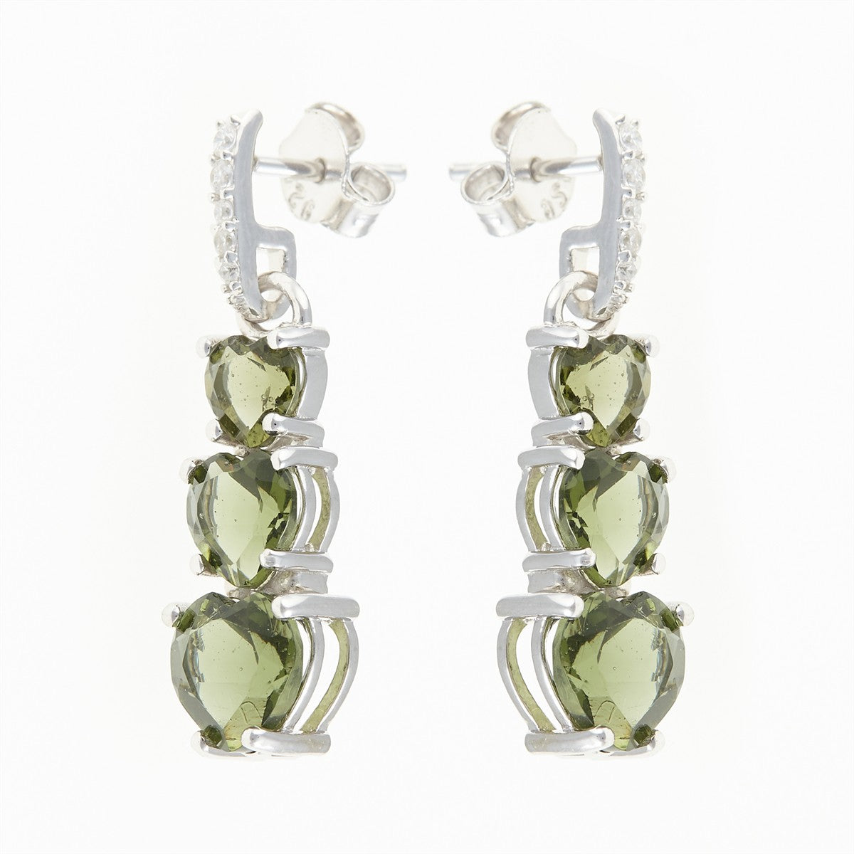 Silver earrings with moldavites and cubic zirconia - heart 228Z-2