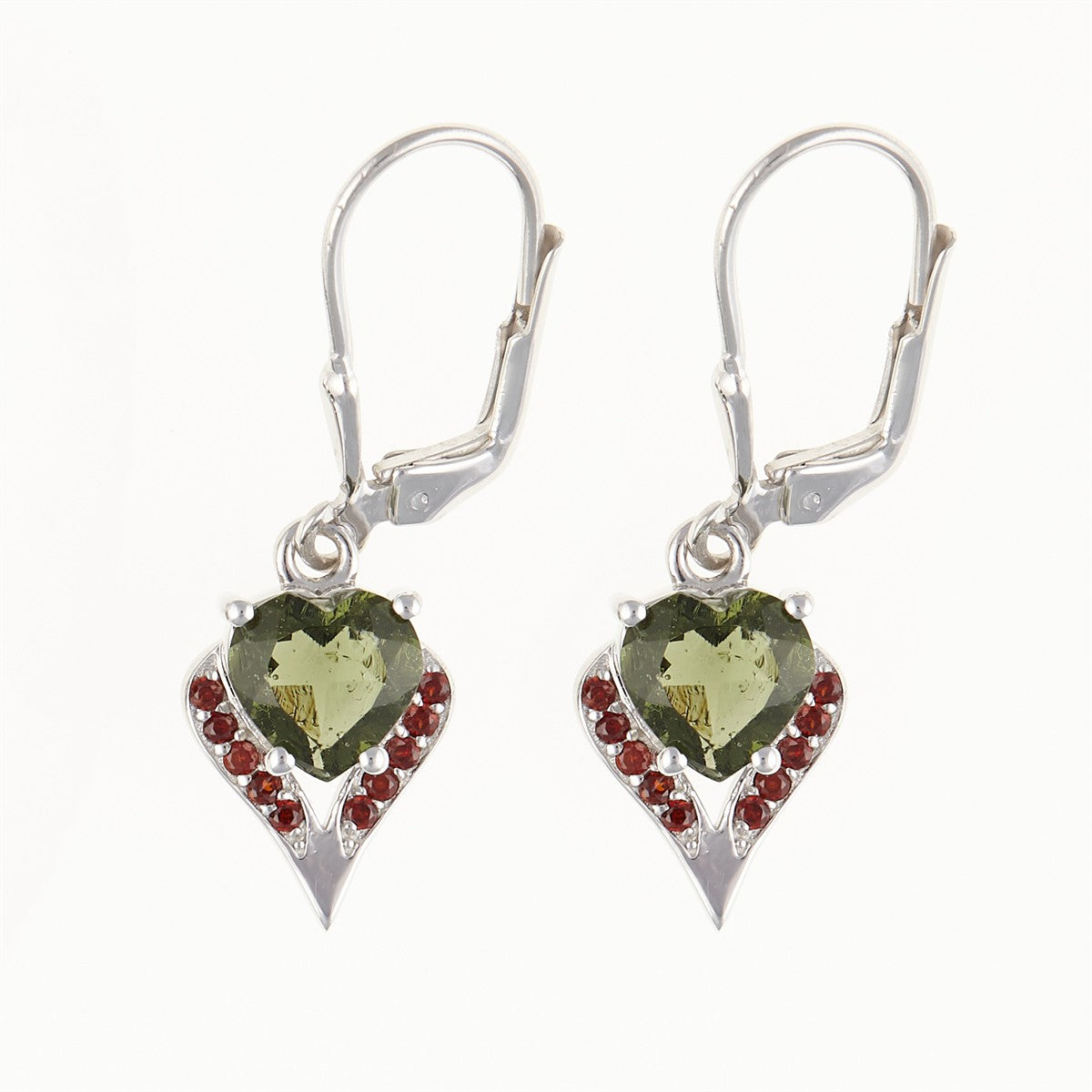 Silver earrings with moldavite and garnets - heart 265G-4