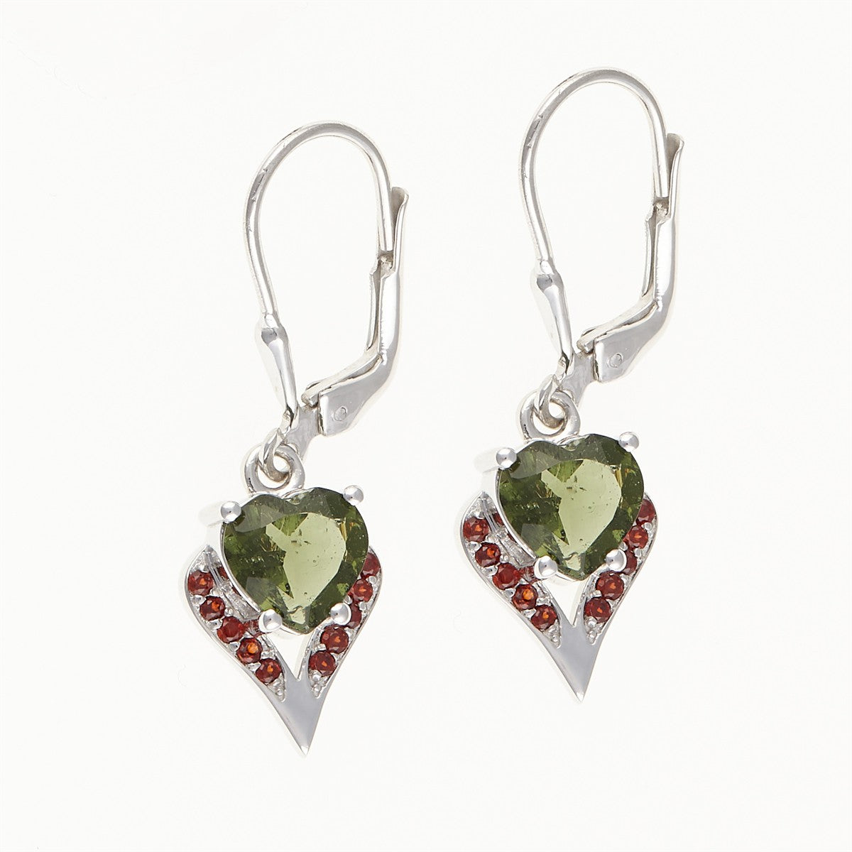 Silver earrings with moldavite and garnets - heart 265G-4
