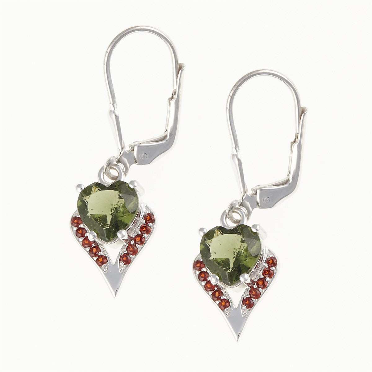 Silver earrings with moldavite and garnets - heart 265G-4