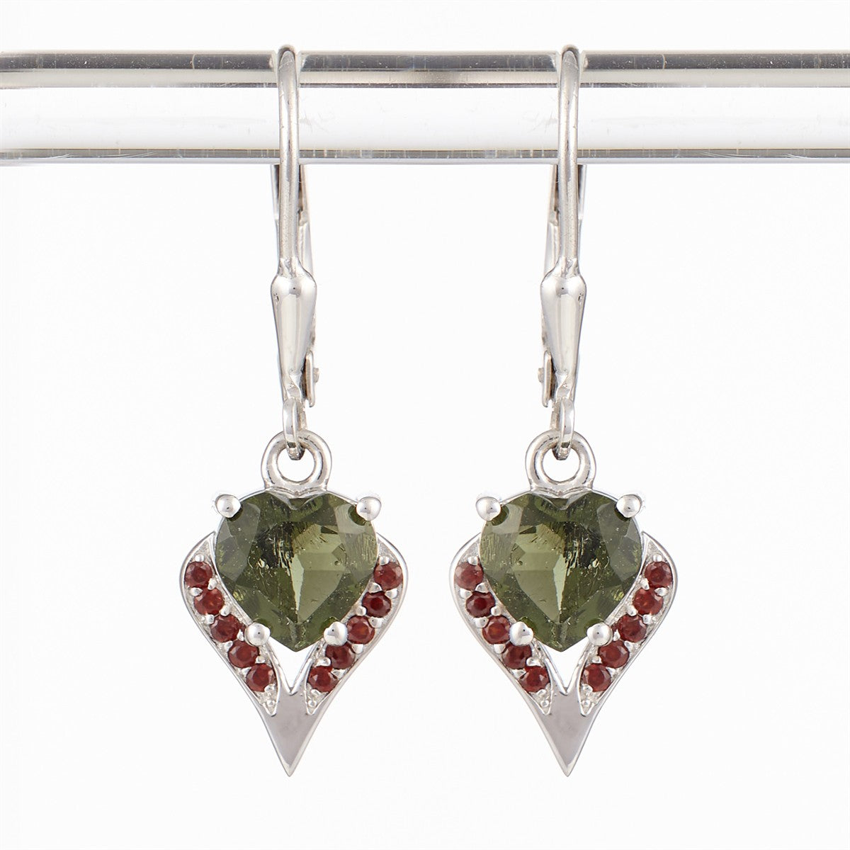 Silver earrings with moldavite and garnets - heart 265G-4