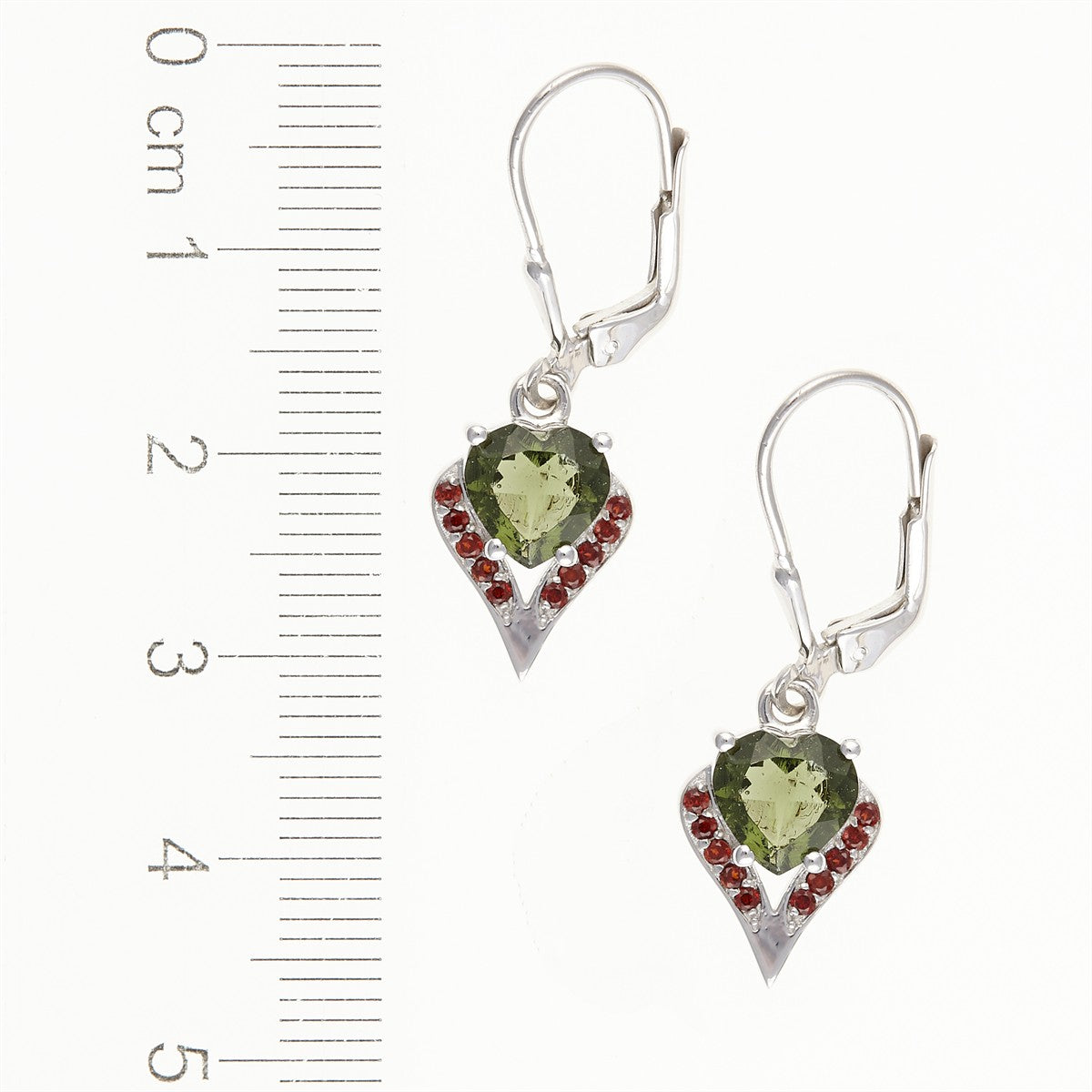 Silver earrings with moldavite and garnets - heart 265G-4