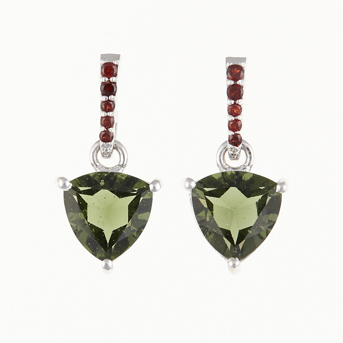 Silver earrings with moldavites and garnets - heart 283G-2