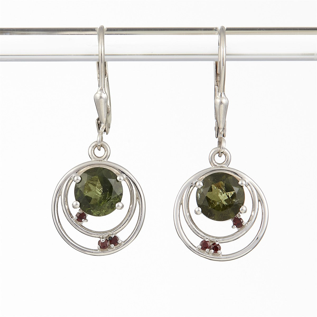 Silver earrings with moldavite and garnets 305G-4
