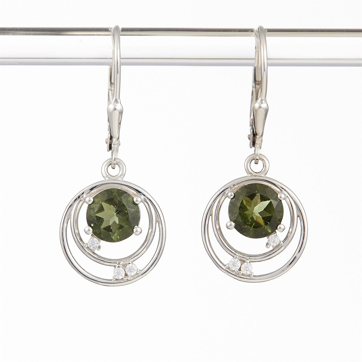 Silver earrings with moldavite and zircons 305Z-4