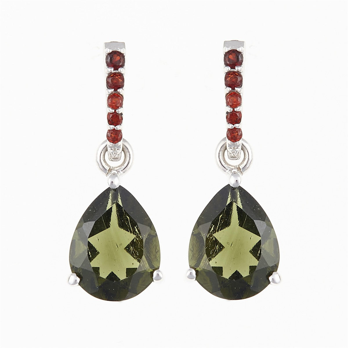 Silver earrings with moldavite and garnets 328G-2