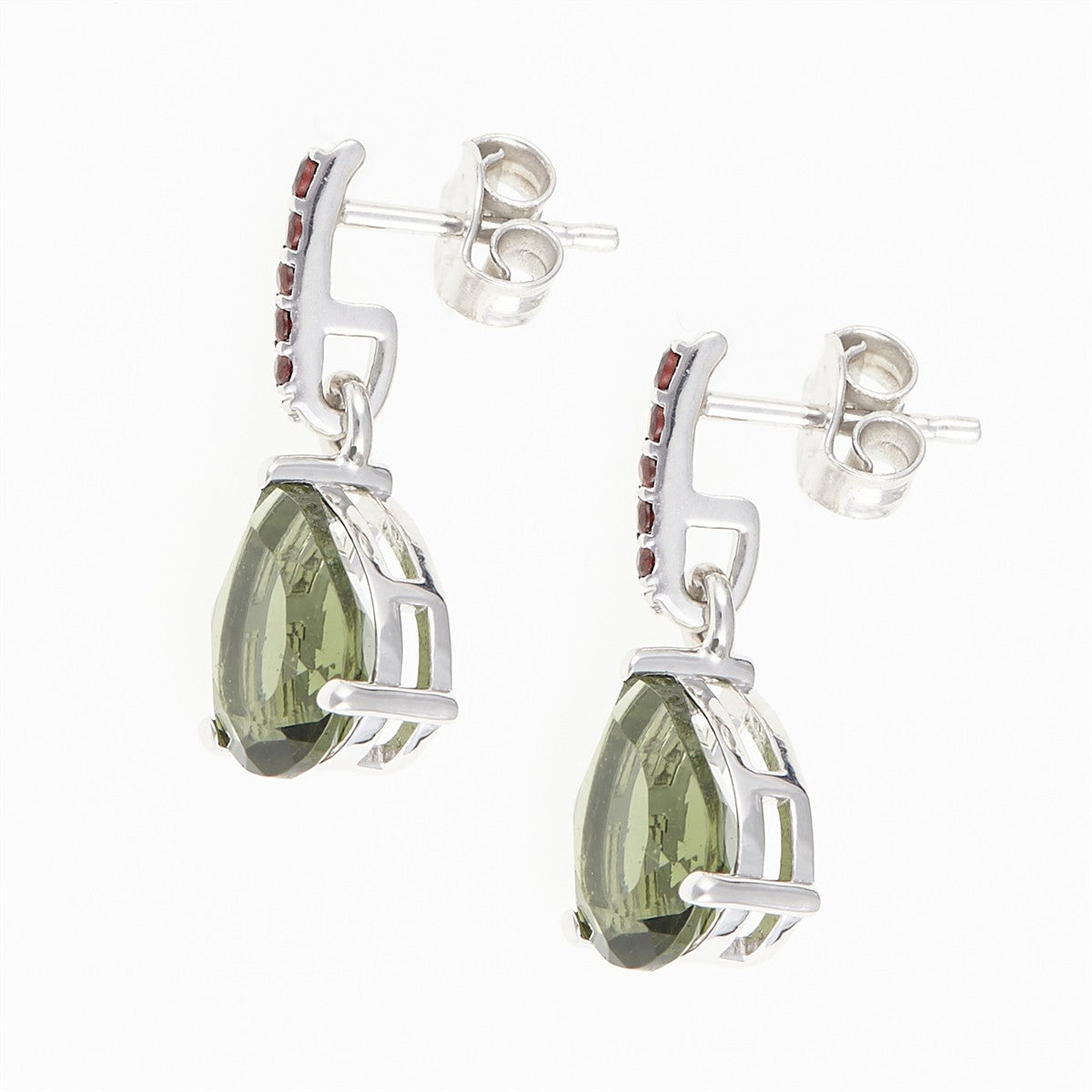 Silver earrings with moldavite and garnets 328G-2