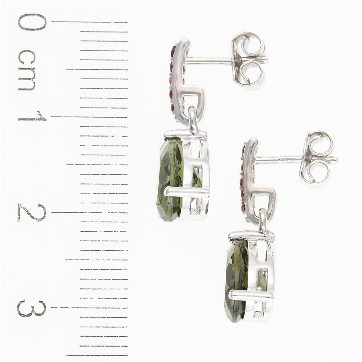 Silver earrings with moldavite and garnets 328G-2