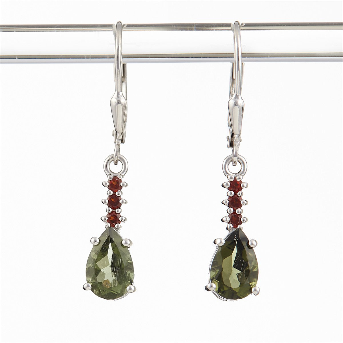 Silver earrings with moldavite and garnets 411G-4