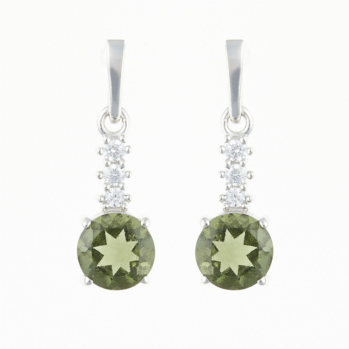 Silver earrings with moldavite and zircons 434Z-2