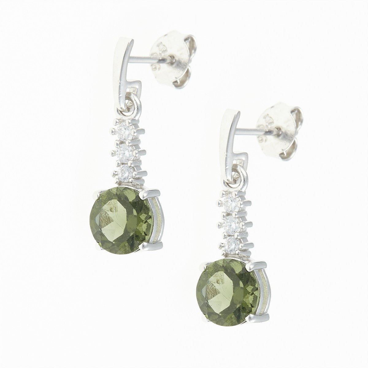 Silver earrings with moldavite and zircons 434Z-2